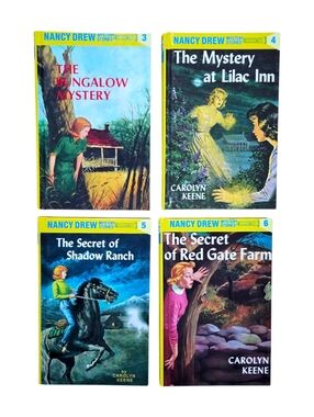 Set of 4 vintage Nancy Drew Mystery Stories hardcover yellow spines 1980s 90s